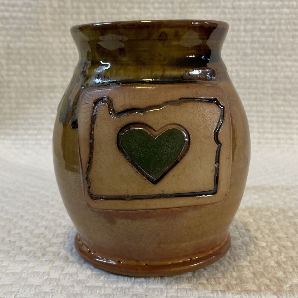 John Kinder HEART Artist Pottery Coffee Mug Stoneware Brown Oregon Signed